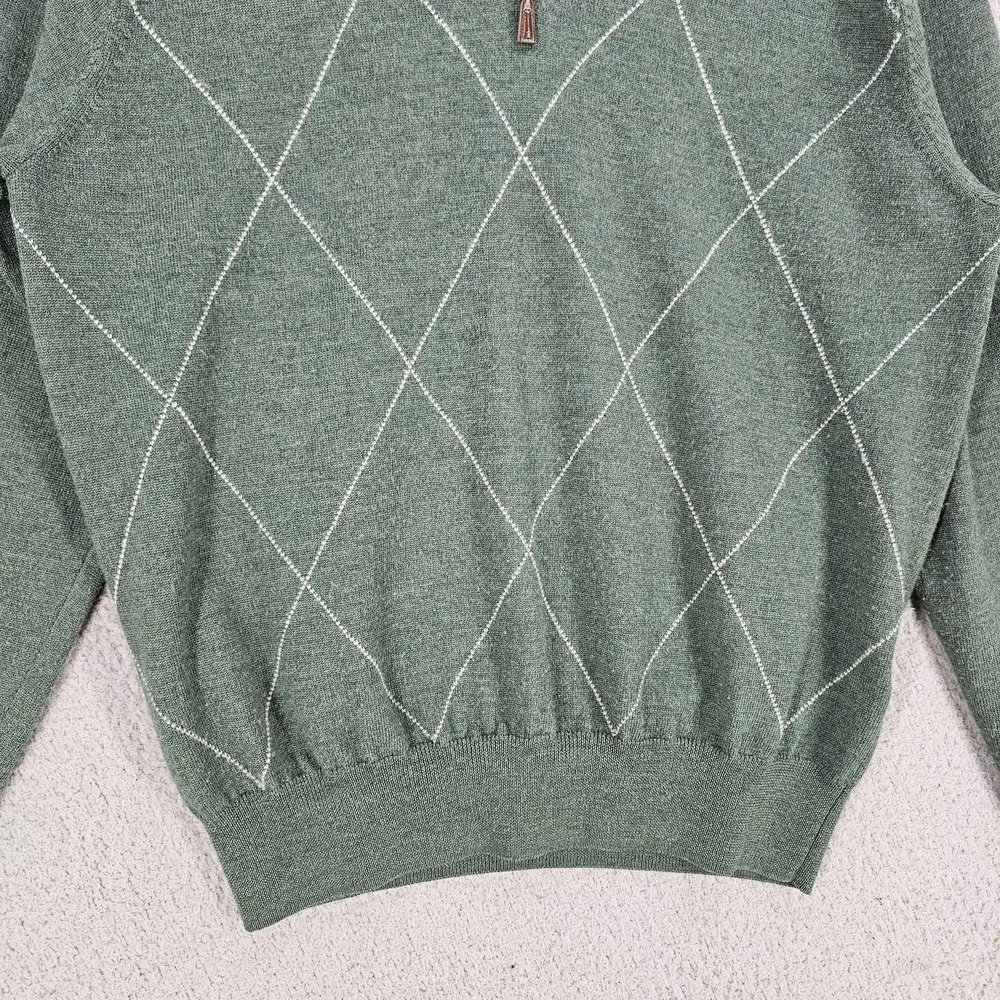 Peter Millar Sweater Mens Medium Green Argyle 1/4 Zip Merino Wool Golf Mock Neck
